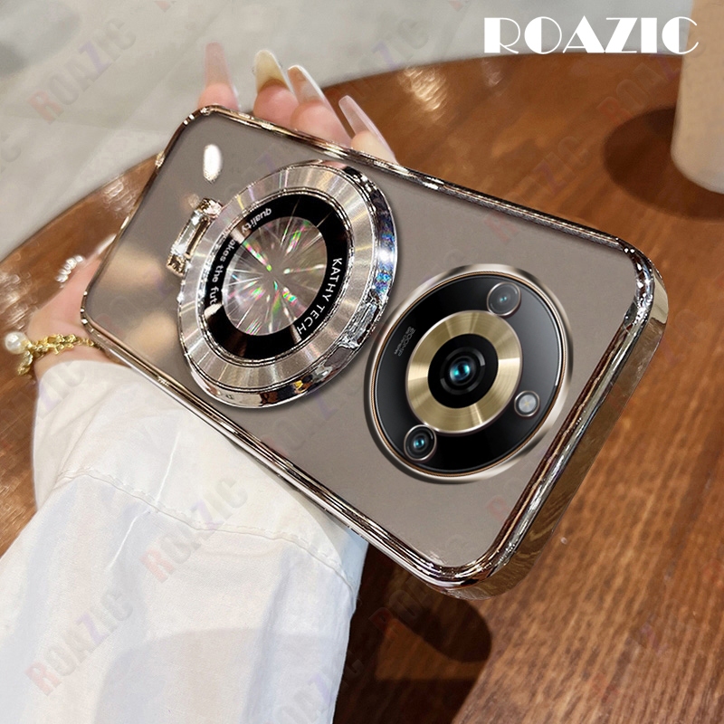 สําหรับrealme 11 Pro/Realme 11 Pro + Luxuryชุบขอบโปร่งใสเคสโทรศัพท์พร้อมขาตั้งวงกลมซิลิโคนอ่อนนุ่มAnti-FallปกหลังSY05