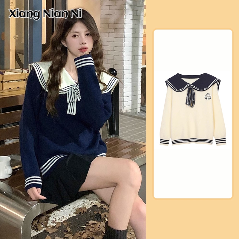 Xiang Nian Ni เสื้อกันหนาวผู้หญิงคอปกกะลาสีขนาดเล็กหวานทุกการแข่งขันสไตล์วิทยาลัยปักเสื้อถักแขนยาว