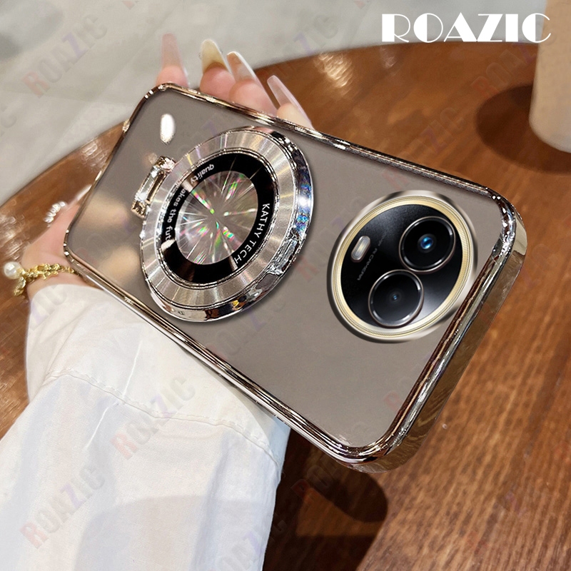 สําหรับrealme 11 5G/Realme 11X 5Gหรูหราชุบขอบโปร่งใสเคสโทรศัพท์พร้อมขาตั้งวงกลมซิลิโคนอ่อนนุ่มAnti-FallปกหลังSY05