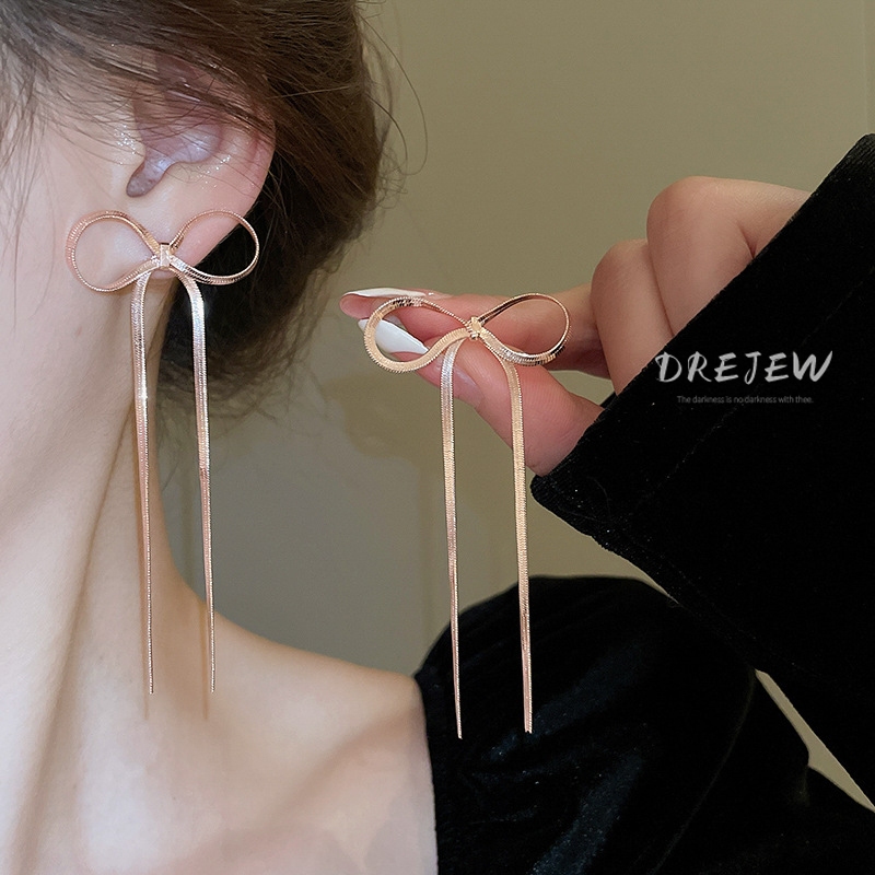 DREJEW เดรช ทองแท้ชุบด้วยไฟฟ้าเข็มเงินโบว์พู่ต่างหูแฟชั่นต่างหูอารมณ์