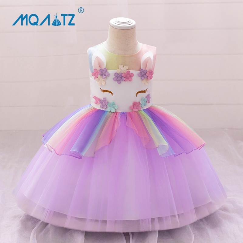 Mqatz ยูนิคอร์นคอสเพลย์เด็กสาวชุดดอกไม้วันเกิดชุดเจ้าหญิงสาวชุดพรรคเสื้อผ้า LAL30