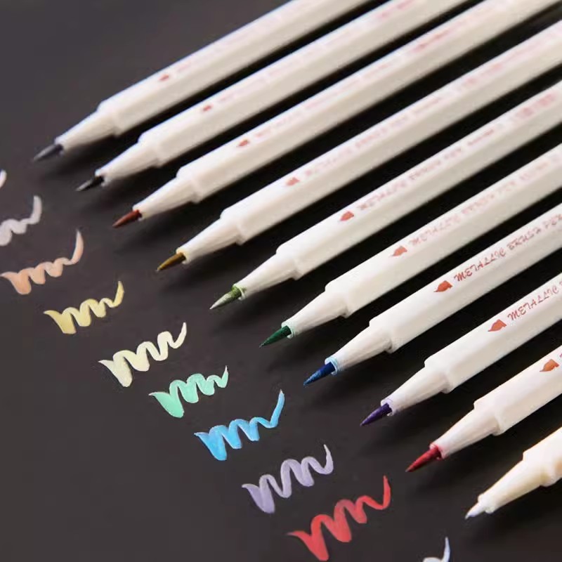 10 สีแปรงโลหะ Marker ปากกา Kawaii Liner Soft Hard Felt-tip แปรงปากกา DIY Scrapbooking ภาพวาดวาด Craftwork ปากกาเขียนอุปกรณ์ศิลปะ