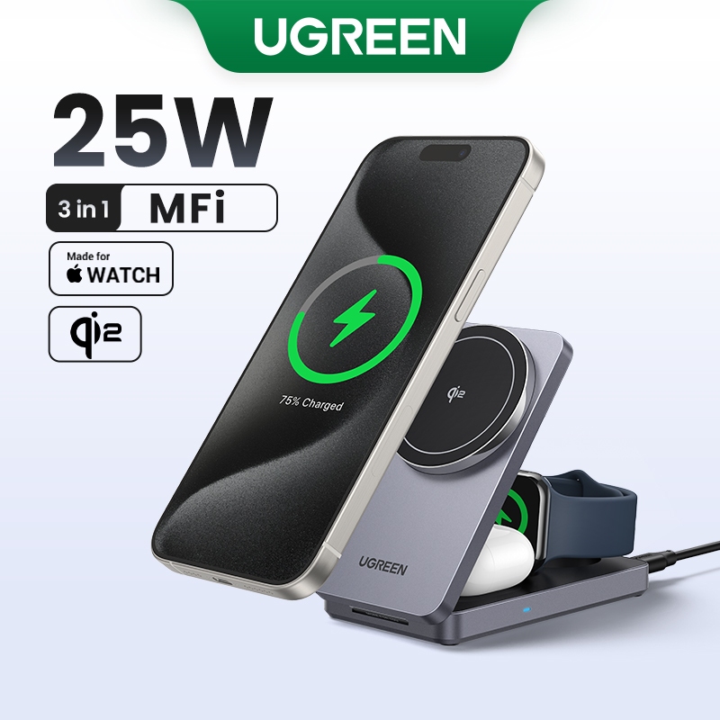 Ugreen 3-in-1 25W แท่นชาร์จไร้สายแม่เหล็กแท่นชาร์จสําหรับ iPhone 16 Pro Max 15 14 Pro Max AirPods สําหรับ Magsafe Fast Charger