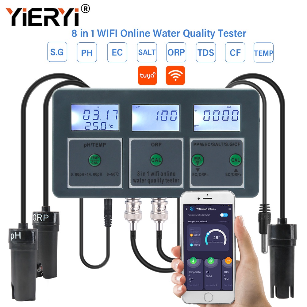 Yieryi WiFi TUYA อัจฉริยะ 8-in-1 PH Meter อุณหภูมิ TDS ความเค็ม SG EC ORP เครื่องทดสอบคุณภาพน้ํา Aquarium สระว่ายน้ํา Hydroponic เครื่องวิเคราะห์การตรวจสอบ – โปรปัง