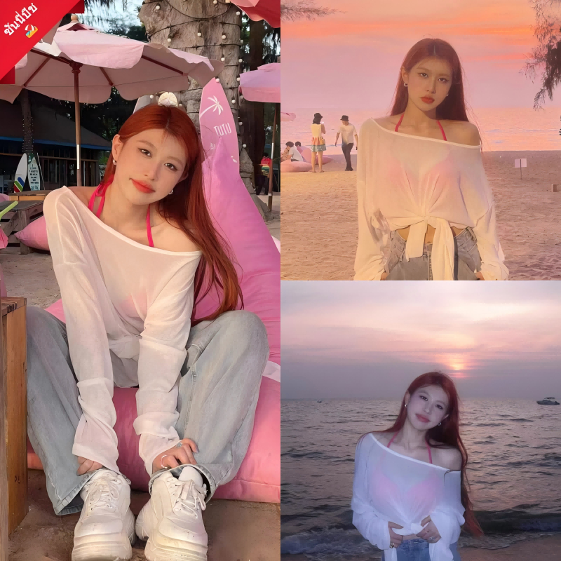 จัดส่งจากกรุงเทพ เสื้อผ้าป้องกันแสงแดดสีทึบ ชุดว่ายน้ำผู้หญิง บิกินี่+ผ้าคลุม กัน กันuv bikini top