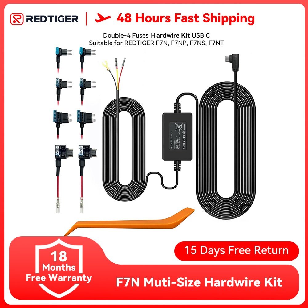 Redtiger F7N Dash Cam Hardwire Kit พอร์ต USB C, กล้องแดชบอร์ดรถสายชาร์จชุด 12V- 24V ถึง 5V w/Fuse Ki
