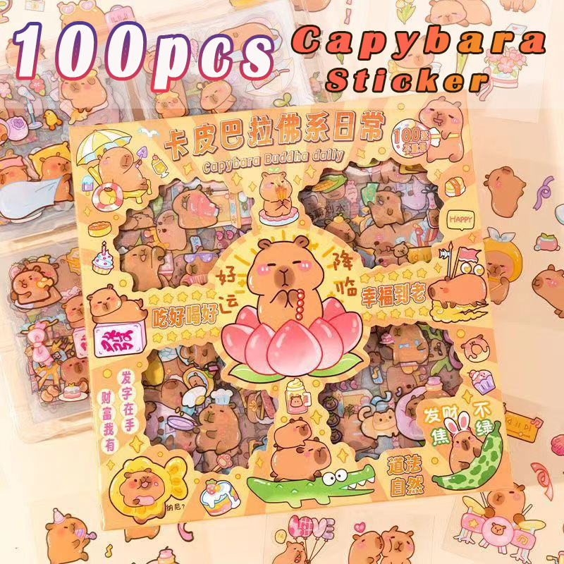 100 ชิ้น Capybara ปลาปักเป้าสติกเกอร์วัสดุทำด้วยมือ DIY กันน้ำรูปแบบการ์ตูนไดอารี่/หนังสือเล่มเล็กตกแต่งของขวัญจูงใจ