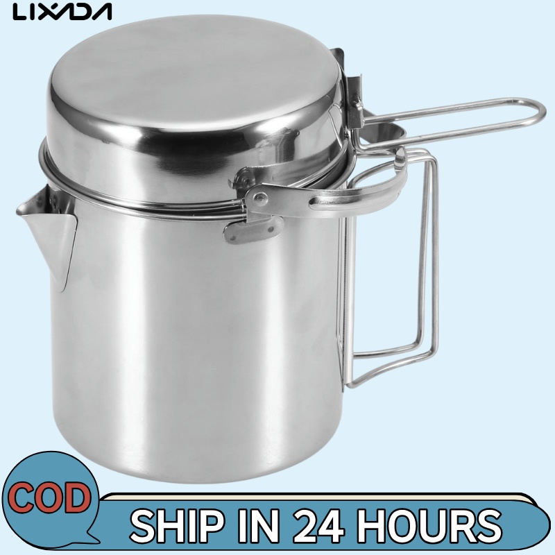 [LIXADA Mall] 1ล สแตนเลสกาต้มน้ําทําอาหารแบบพกพากลางแจ้งตั้งแคมป์แบกเป้หม้อพร้อมที่จับพับได้