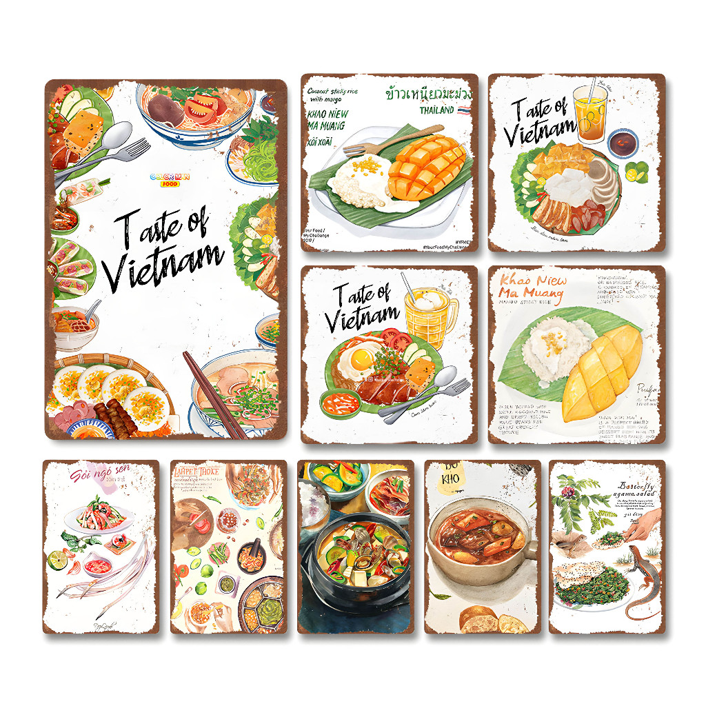 🍜🇹🇭✨ ป้ายโลหะอาหารไทยสไตล์เอเชียตะวันออกเฉียงใต้ 🛡️ งานเหล็กไร้กรอบ 🖼️ ภาพแขวนผนัง ตกแต่งร้านอาหารไทย คาเฟ่ และภัตตาคาร
