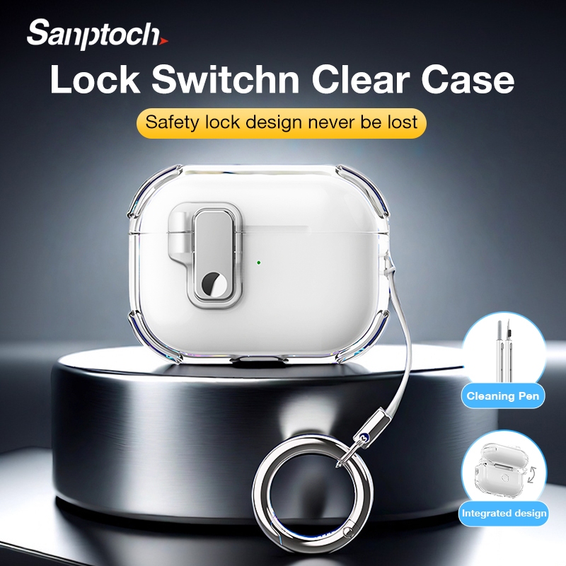 Sanptoch ล็อคสวิทช์ใสชุดหูฟังสําหรับ Airpods 4 / Pro2 / Pro / 3rd ความเรียบง่ายกันกระแทก Airpods 2 1 ปลอกกันกระแทก Full-body ฝาครอบปากกาทําความสะอาด