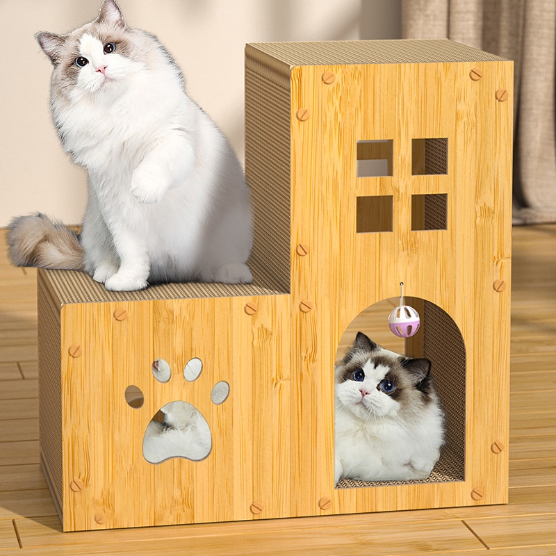 กระดานลับเล็บแมว L-Shaped Cat Scratching Litter House ทนต่อการสึกหรอแนวตั้ง Double-Lay