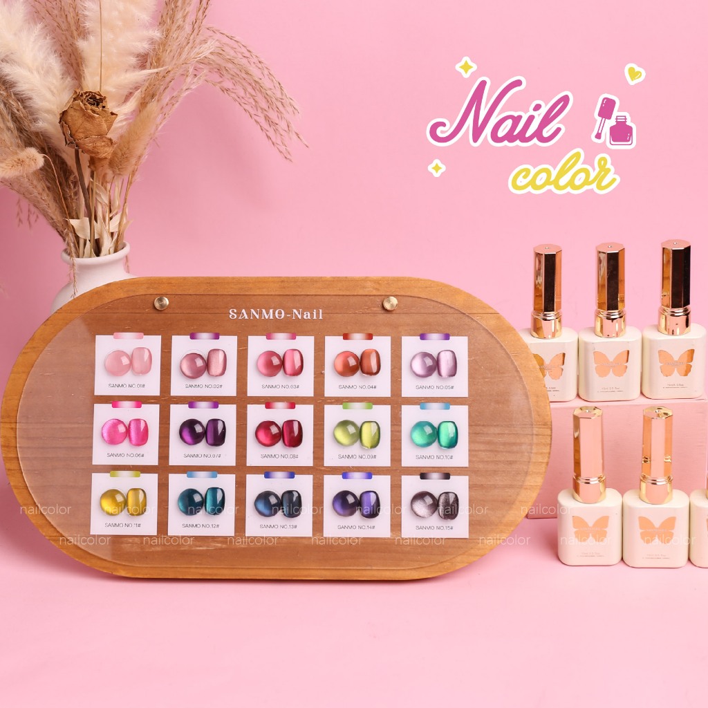【พร้อมส่ง】Sanmo Bulb Color Shining Cat Eye Manicure Set (15 สี Cat Eye Nail Polish Glue Free Color Card) Super Bright Aurora สีสวย