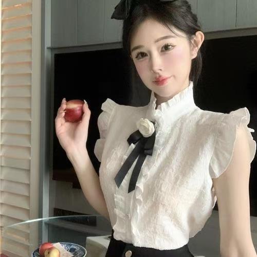 เสื้อเชิ้ตแขนกุด แต่งระบาย สีขาว สไตล์พระราชวัง สําหรับผู้หญิง