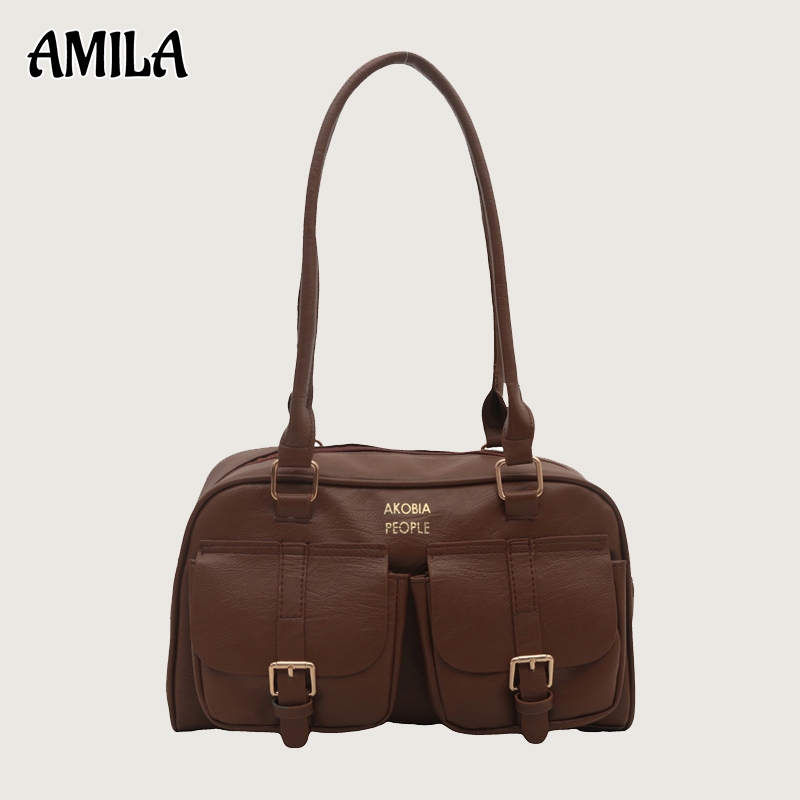 Amila High-End Retro ความจุขนาดใหญ่กระเป๋าใหม่สไตล์ตะวันตกโบว์ลิ่งกระเป๋าไหล่ Underarm Tote กระเป๋า