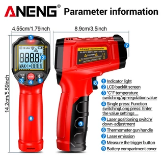 ปืนวัดอุณหภูมิอินฟราเรด ANENG TH202 ใหม่ - วัดอุณหภูมิแบบไม่สัมผัสพร้อมหน้าจอ LCD มีไฟพื้นหลัง วัดอุณหภูมิได้ตั้งแต่ -50 ถึง 600℃