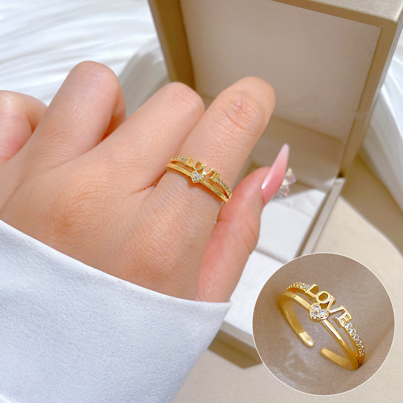 Jushi LOVE Zirconia แหวนทองเหลืองปรับงานแต่งงานผู้หญิงเครื่องประดับอุปกรณ์เสริม