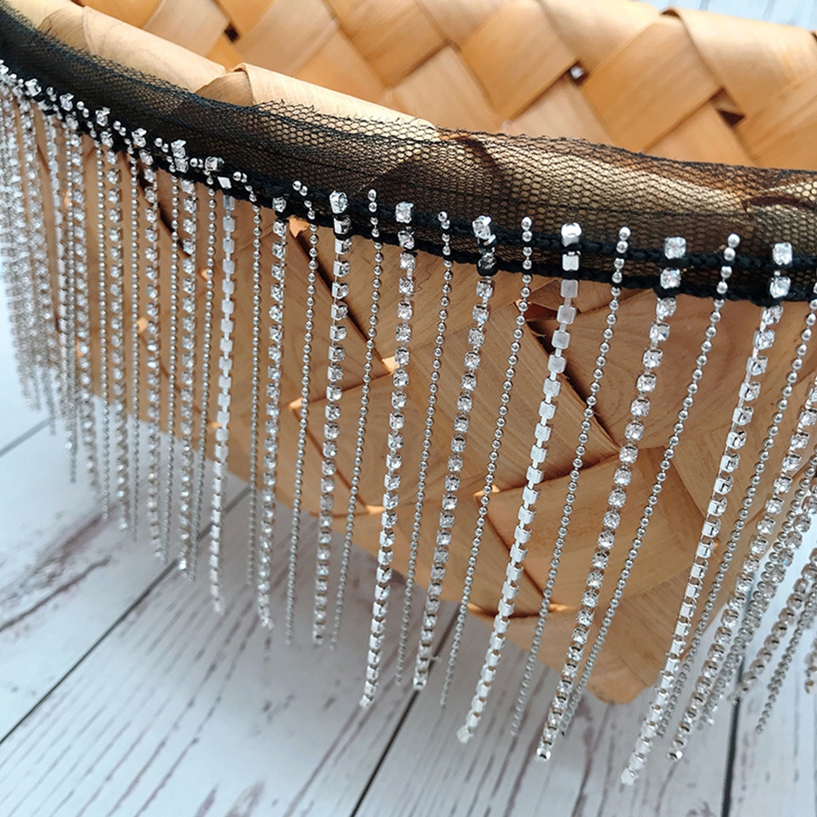 1yard Rhinestone คริสตัลโซ่ Fringed โลหะเงินลูกปัดลูกไม้ Handmade พู่ผ้า 9 ซม.กว้าง