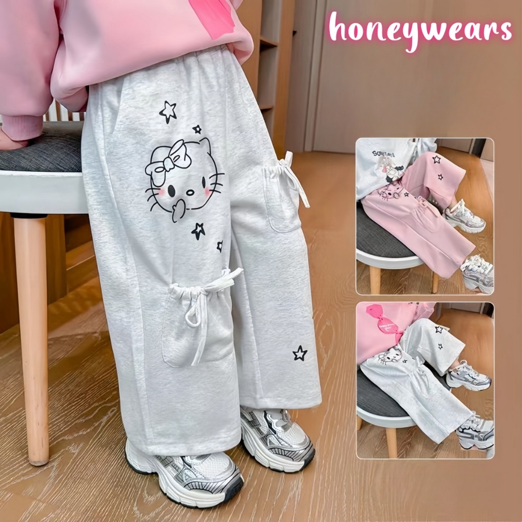 honeywears พร้อมส่ง กางเกงขายาวเด็กผู้หญิง ขากว้าง ทรงตรง กางเกงวอร์ม เอวยางยืด ลำลองแฟชั่น สไตล์เกาหลี ไซส์ 120-160