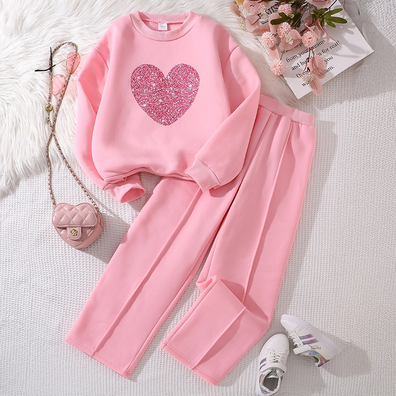 Siyyis 2 ชิ้นน่ารักสาวหวานสีชมพูรูปหัวใจ Fleecing Hoodie & Fleecing ชุดกางเกงขาตรง, ชุดฤดูใบไม้ร่วงและฤดูหนาวชุดลําลองหลวม