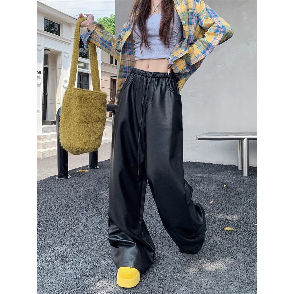NZN ฤดูใบไม้ร่วงฤดูหนาวกางเกงหนัง ปู่ สีดําเอวสูงขากว้างของผู้หญิง