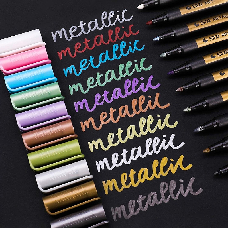 10 สีเมทัลลิคปากกามาร์กเกอร์หมึกน้ําเน้นปากกากราฟฟิตีสําหรับภาพวาดหินจุดขนาดกลาง ทําเอง สมุดหัตถกรรมปากกาเขียนอุปกรณ์ศิลปะ
