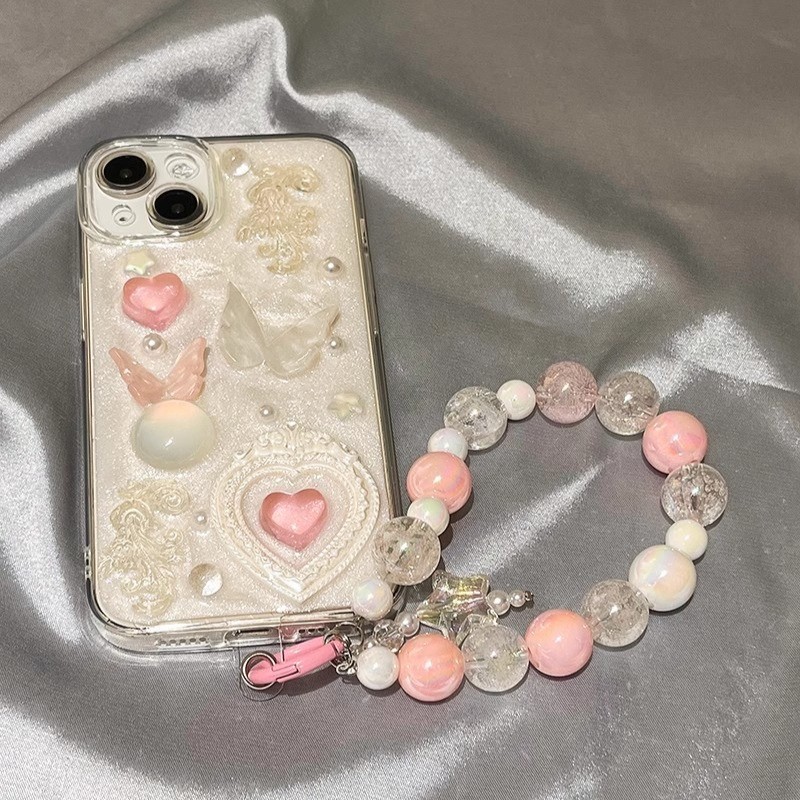 3d ผีเสื้อการ์ตูนสร้อยข้อมือหัวใจเคสโทรศัพท์สําหรับ iPhone16Pro Max 15 14 13 12 11 Pro Max X XR XS Max Soft TPU กันกระแทกปกหลัง