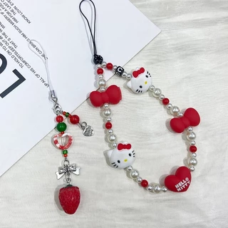 Kawaii Sanrio Mobile จี้ Hello Kitty Anti-lost Lanyard Key ข้อมือสั้นเชือกเครื่องประดับสีแดงพวงกุญแจอะนิเมะผู้หญิงมือถือโซ่