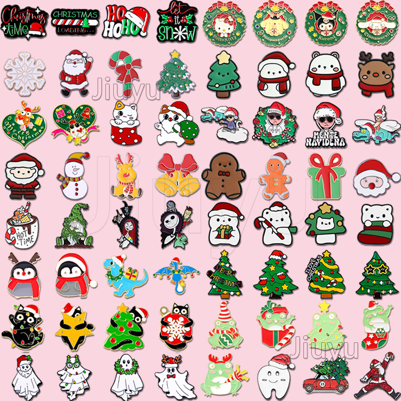70 สไตล์คริสต์มาสเข็มกลัดแมว Snowman โบว์หมวก Candy Elk ต้นคริสต์มาส Snowflake Bell ถุงเท้าบ้านป้ายโลหะ Punk Pins เครื่องประดับ