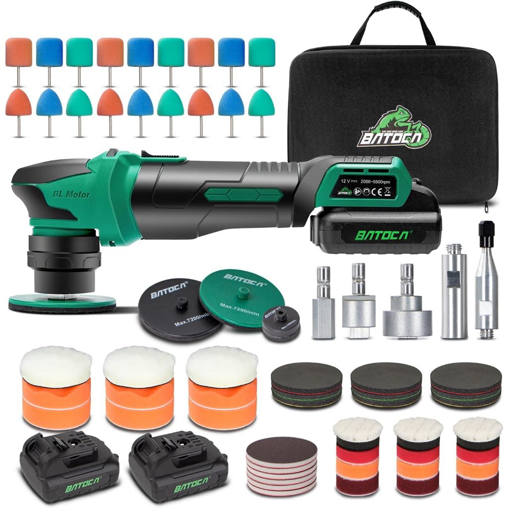 Batoca S4 เครื่องขัดไร้สายสําหรับขัดละเอียดพร้อมแบตเตอรี่ 12V 2.5Ah 2 ชิ้น, เครื่องขัดบัฟเฟอร์ RO&DA, เครื่องขัดไร้แปรงถ่านขนาดเล็กขนาด 1 และ 3 นิ้วสําหรับรายละเอียดรถยนต์, ชุดอุปกรณ์ครบครัน