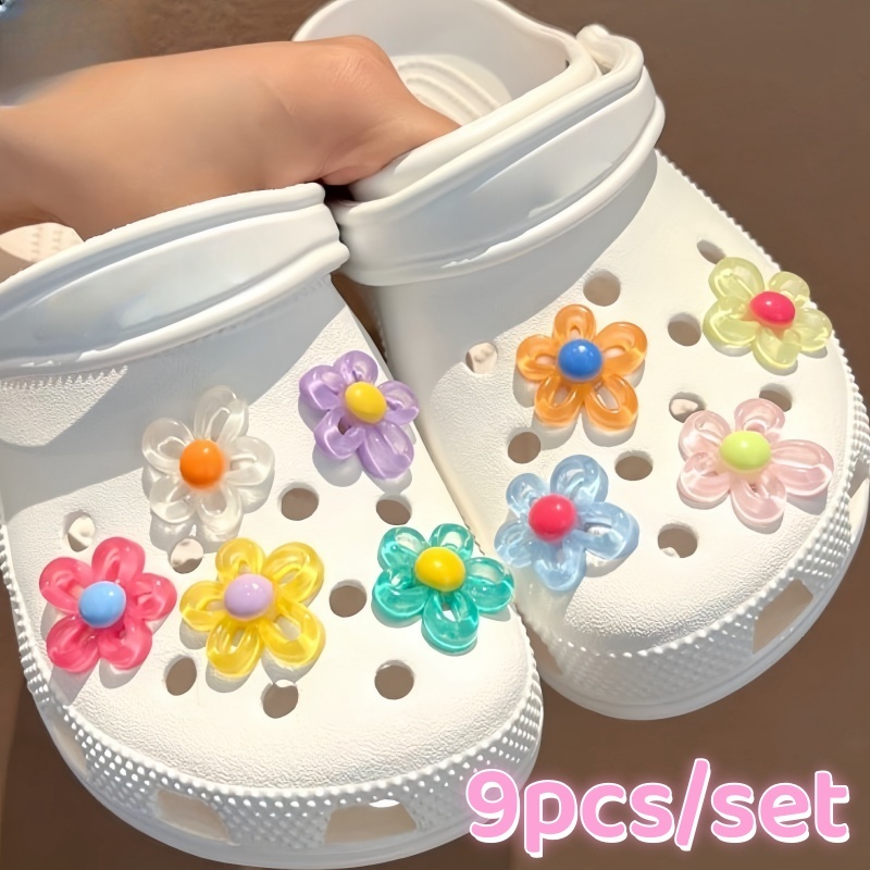 9ชิ้น/เซ็ตปุ่มรองเท้าเสน่ห์-โปร่งใสกลวงดอกไม้หลุมรองเท้าชุดคริสตัลอุปกรณ์เสริม