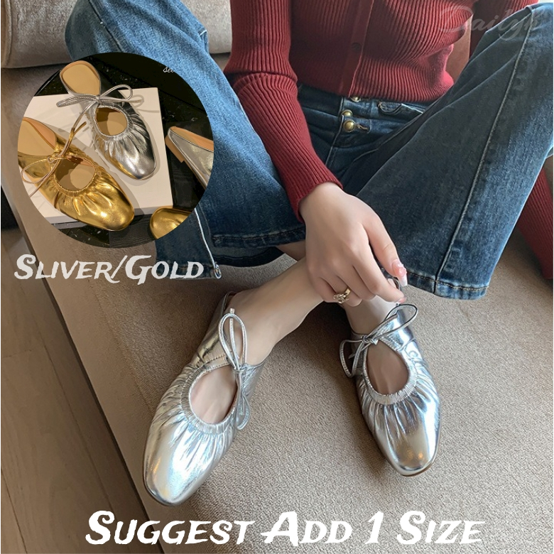 【WIth Shoes Box】รองเท้าแตะ พื้นนิ่ม ปากตื้น แต่งลูกไม้ สีเงิน สไตล์เรโทร เหมาะกับฤดูใบไม้ผลิ และฤดูร้อน 2024
