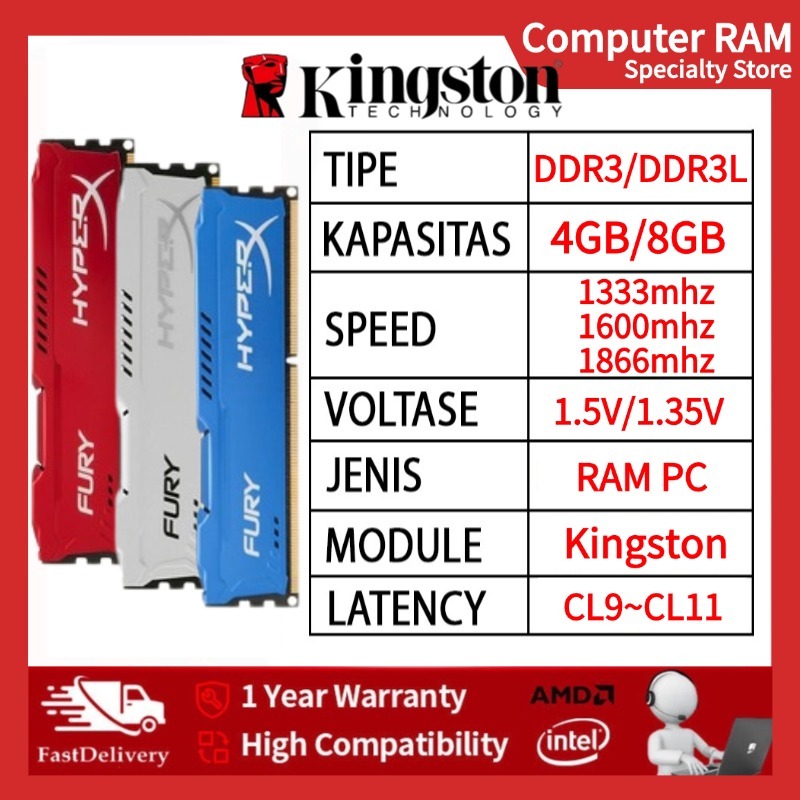 Kingston Hyperx Fury 4GB 8GB Ddr3 1333MHz 1600MHz 1866MHz 1.35V / 1.5V 240 Pin DIMM RAM หน่วยความจําเดสก์ท็อป 10600 12800 14900U