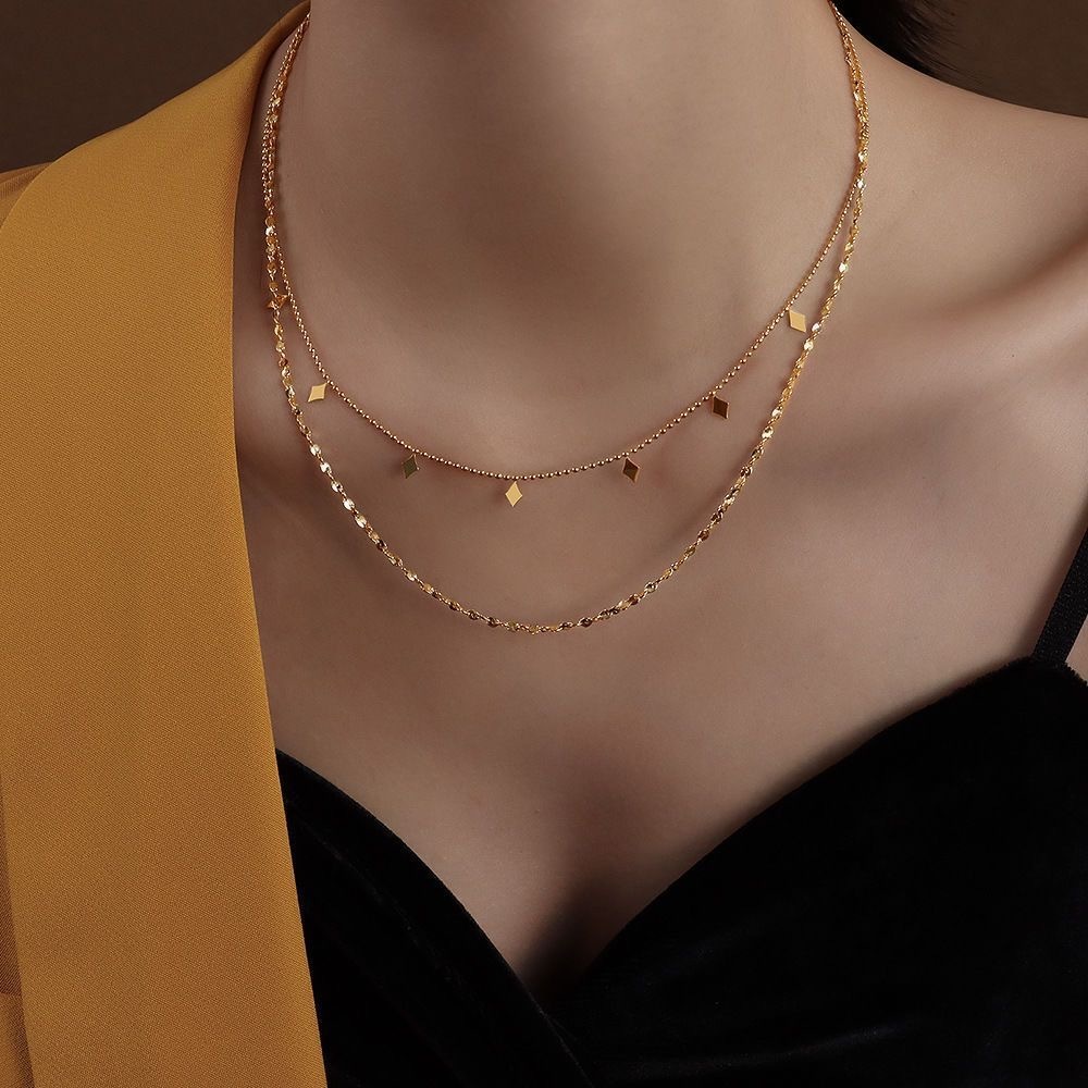 Small Square Double-Layerสร้อยคอสแตนเลส18KชุบทองClavicle Chainไทเทเนียมเหล็กไม่ซีดจางHigh-Endสร้อยคอ