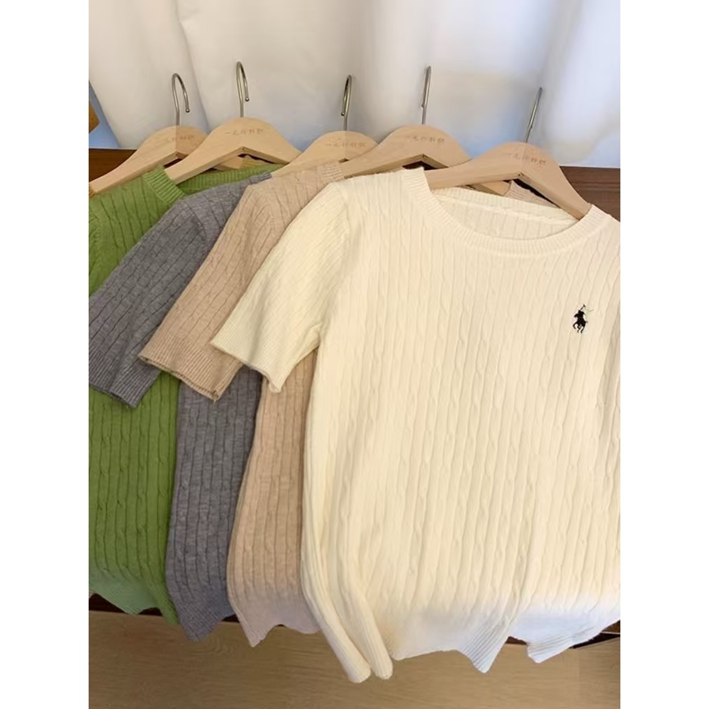 สไตล์เกาหลีผู้หญิงสุภาพสตรีบางรอบคอถักท็อปส์แขนสั้นเสื้อ - รูปที่ 5