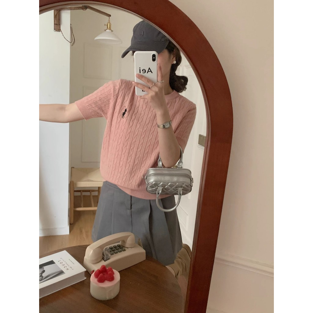 สไตล์เกาหลีผู้หญิงสุภาพสตรีบางรอบคอถักท็อปส์แขนสั้นเสื้อ - รูปที่ 2