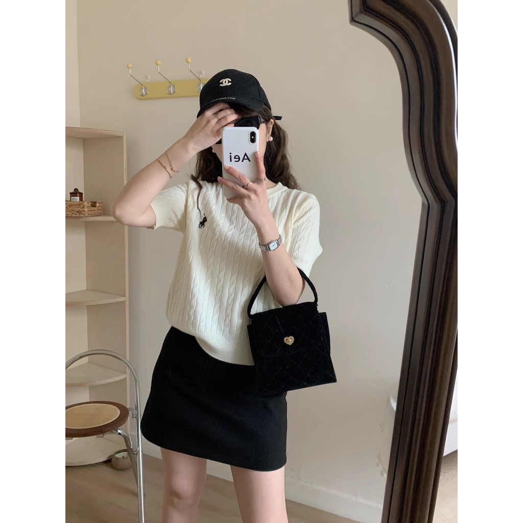 สไตล์เกาหลีผู้หญิงสุภาพสตรีบางรอบคอถักท็อปส์แขนสั้นเสื้อ - รูปที่ 3