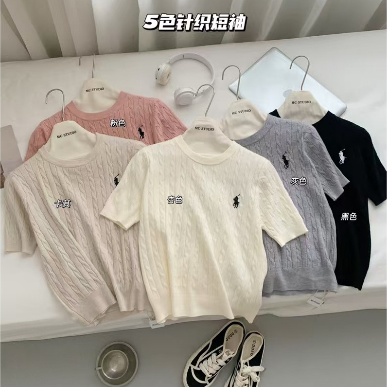 สไตล์เกาหลีผู้หญิงสุภาพสตรีบางรอบคอถักท็อปส์แขนสั้นเสื้อ - รูปที่ 4