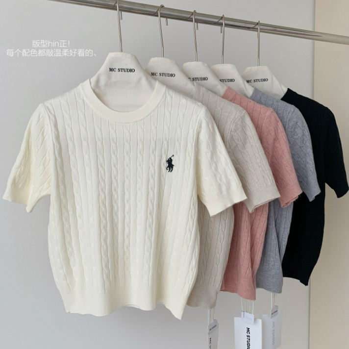 สไตล์เกาหลีผู้หญิงสุภาพสตรีบางรอบคอถักท็อปส์แขนสั้นเสื้อ