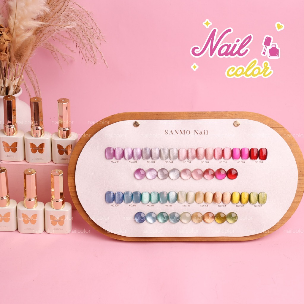 【พร้อมส่ง】Sanmo18 Color Crystal Cats Eye Diamond Shining Nail Glue Set (กาวยาทาเล็บตาแมว) ฟรีการ์ดสี+กระดานไม้
