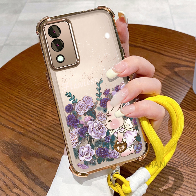 กรณีสําหรับ OPPO A3 Pro 5G สี่มุมไฟฟ้า anti drop เคสโทรศัพท์ความงามการ์ตูนกระต่ายน่ารักรูปแบบ TPU นุ่มเชือกแขวน