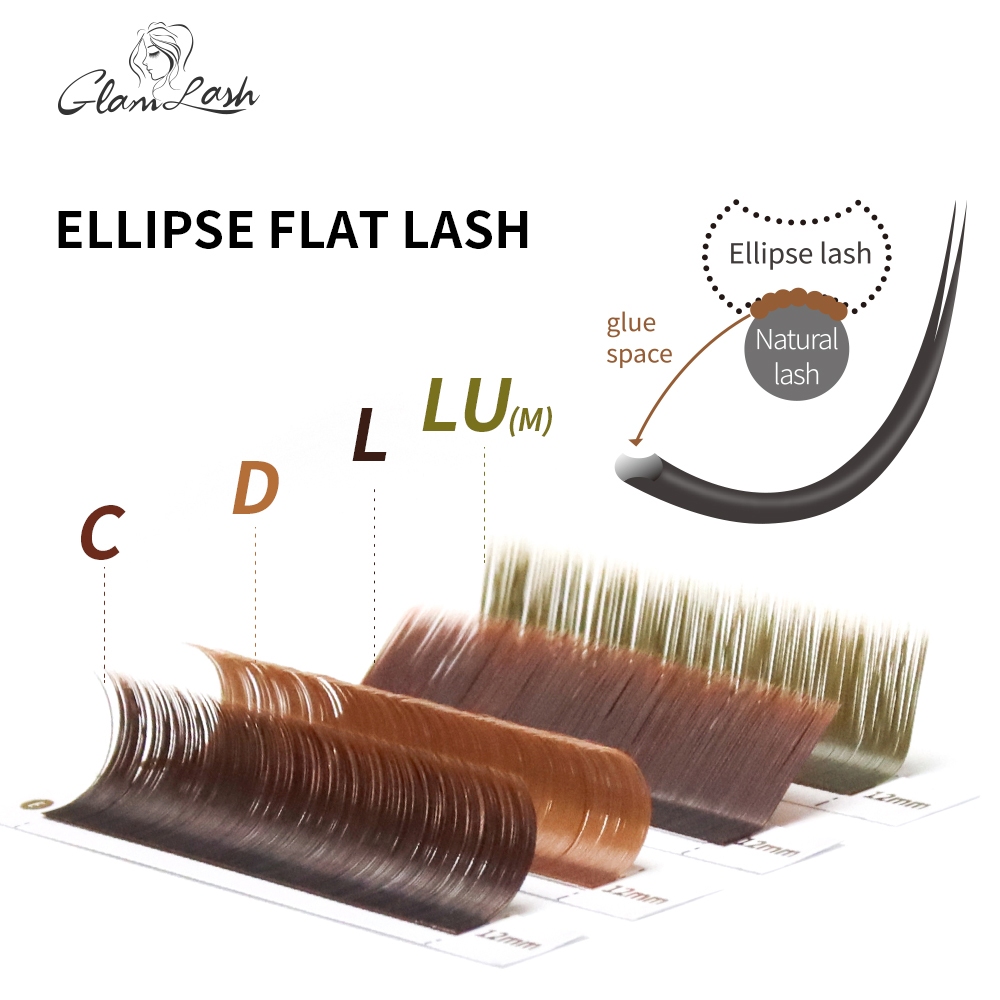 Glamlash สีน้ําตาล Ellipse ขนตาแบน Extensions Matte Faux Lashes แยกเคล็ดลับ Ellipse รูปเครื่องมือแต่