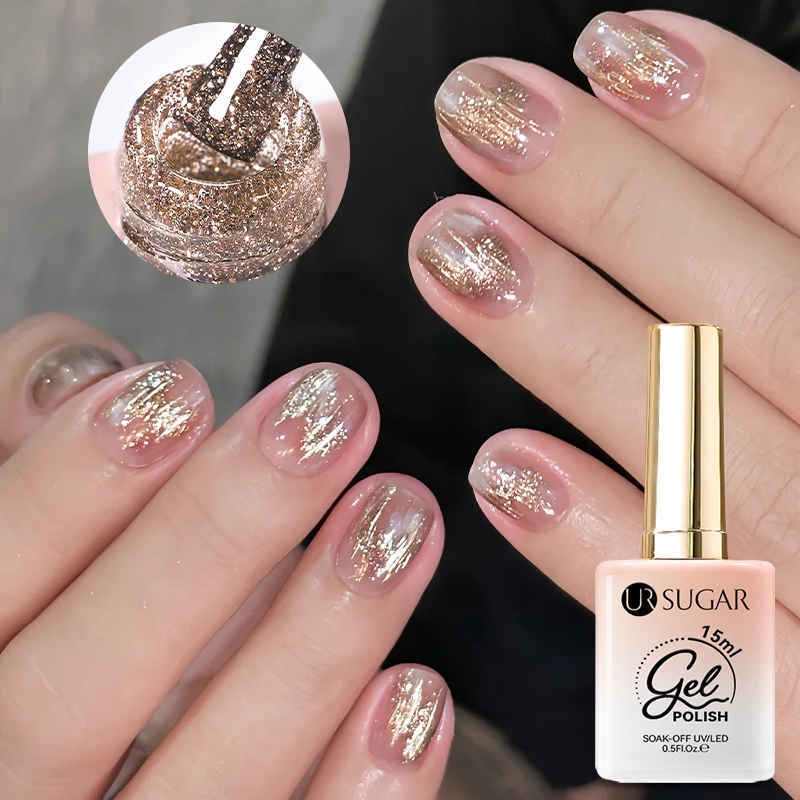 Ur SUGAR Gold Sparkling Glitter เล็บเจลกึ่งถาวร UV Gel Soak off UV LED เล็บเจลเคลือบเงาสําหรับเล็บเล็บ