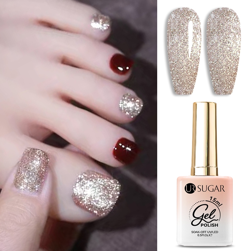 Ur SUGAR Gold Sparkling Glitter เล็บเจลกึ่งถาวร UV Gel Soak off UV LED เล็บเจลเคลือบเงาสําหรับเล็บเล็บ - รูปที่ 2