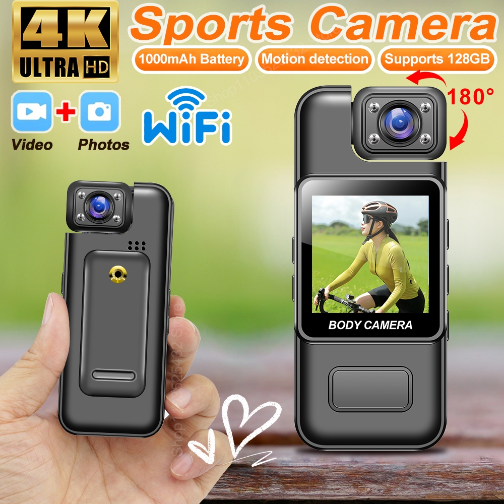 Ultra HD 4K Wifi กล้องวิดีโอดิจิตอลมินิแบบพกพามือถือเครื่องบันทึกการบังคับใช้กฎหมาย 180° เลนส์หมุนได้กีฬา ดีวี กล้องขนาดเล็ก