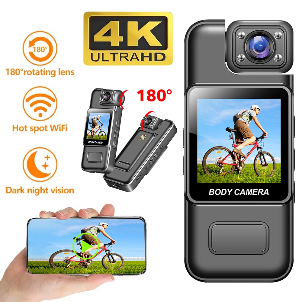 Ultra HD 4K Wifi กล้องวิดีโอดิจิตอลมินิแบบพกพามือถือเครื่องบันทึกการบังคับใช้กฎหมาย 180° เลนส์หมุนได้กีฬา ดีวี กล้องขนาดเล็ก