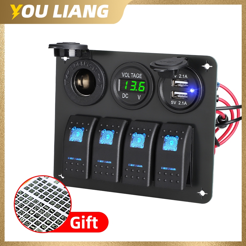 4 Gang ON/OFF Rocker แผงสวิตช์ Blue Light 12V 24V LED โวลต์มิเตอร์ Dual Usb Charger บุหรี่ไฟแช็กซ็อกเก็ตสําหรับรถยนต์เรือ RV