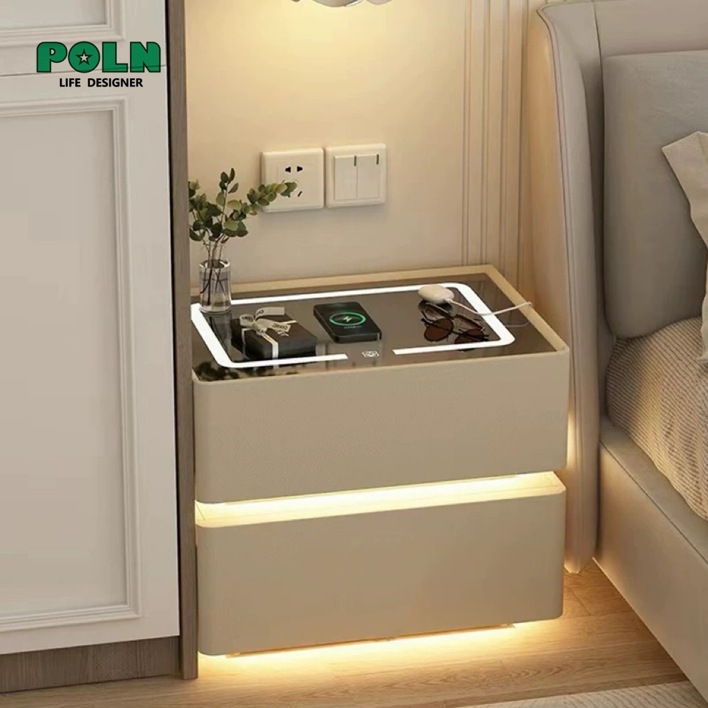 POLN ตู้ข้างเตียงอัจฉริยะตู้ข้างเตียงอเนกประสงค์ตู้เตียงชาร์จไร้สายพร้อมไฟสามสี