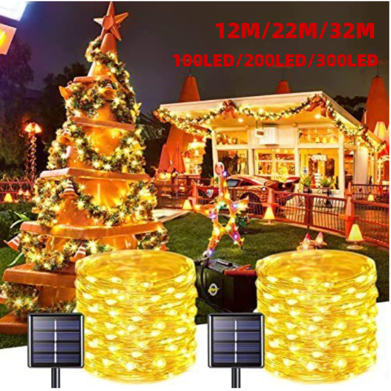 สายไฟ LED พลังงานแสงอาทิตย์ กันน้ํา สําหรับตกแต่งสวน คริสต์มาส งานแต่งงาน กลางแจ้ง 33 เมตร 22 เมตร 12 เมตร 7 เมตร
