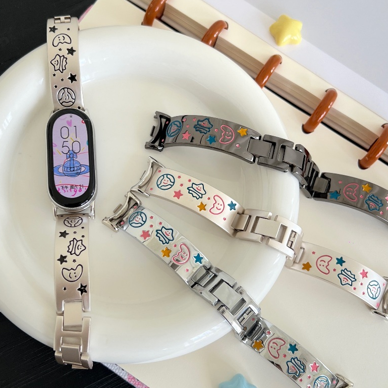 Graffiti Star Moon Watch Strap Compatible For mi band 9 Strap Metal สาย mi band 8 Strap Loop Replace