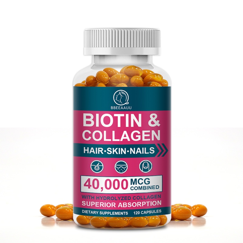 【BBEEAAUU】 Biotin &Collagen -40000mcg 120 แคปซูล วิตามินผิว ไบโอติน คอลลาเจน ไบโอติน คอลลาเจน แคปซูลไบโอติน คอลลาเจน ต่อต้านริ้วรอย บํารุงเส้นผม ผิวหนัง เล็บ สําหรับผู้ชาย และผู้หญิง อาหารเสริม